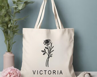 Personalized Flower Tote Bag, Custom Birth flower gift, Canvas Tote, Birthday gift for her, Gift for mom, Bridesmaid Gift