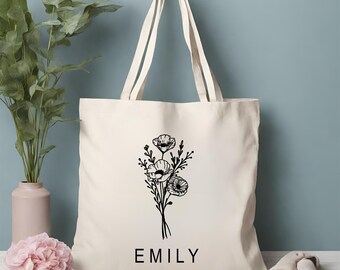 Personalized Flower Tote Bag, Custom Birth flower gift, Canvas Tote, Birthday gift for her, Gift for mom, Bridesmaid Gift