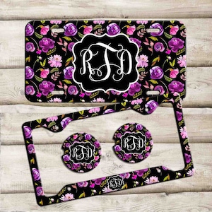 Custom Car Tag, Monogrammed License Plate Frame, Personalized Car Coaster,  Floral Car Decoration, Cute Car Accessories, Purple Floral Plate