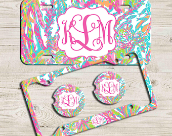 Pink Blue Floral License Plate, Custom Monogram License Plate Frame, Personalized Car Coaster,  Floral Car Decoration, Cute Car Accessories