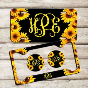 Sunflower License Plate Frame, Monogrammed License Plate, Personalized Car Coaster,  Floral Car Decoration, Cute Car Accessories