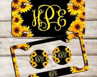 Sunflower License Plate Frame, Monogrammed License Plate, Personalized Car Coaster,  Floral Car Decoration, Cute Car Accessories
