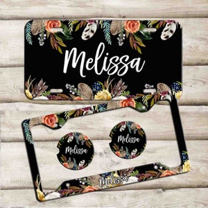 Personalized Car Tag, Custom Monogram License Plate Frame, Custom Car Coaster,  Floral Car Decoration, Cute Car Accessories