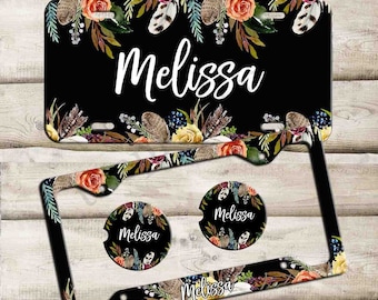 Personalized Car Tag, Custom Monogram License Plate Frame, Custom Car Coaster,  Floral Car Decoration, Cute Car Accessories