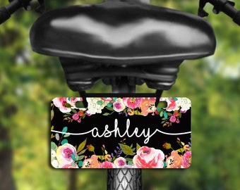 Black Floral Bicycle Plate, Mini License Plate, Personalized Bike Plate, Mini Bicycle Plate, Novelty Plate, Bike Tag