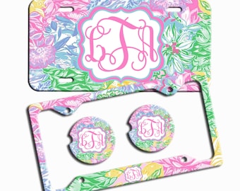 Pink Blue Floral License Plate, Custom Monogram License Plate Frame, Personalized Car Coaster, Floral Car Decoration, Cute Car Accessories
