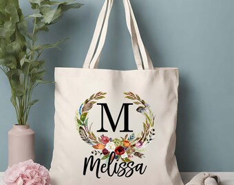 Boho Personalized Floral Wreath Name and Initial Tote Bag, Custom Canvas Tote, Birthday gift for her, Gift for mom, Bridesmaid Gift