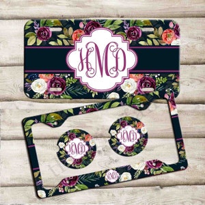Custom Car Tag, Monogrammed License Plate Frame, Personalized Car Coaster,  Floral Car Decoration, Cute Car Accessories, Purple Floral Plate