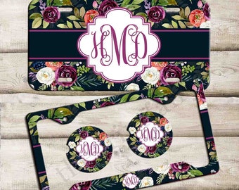 Custom Car Tag, Monogrammed License Plate Frame, Personalized Car Coaster,  Floral Car Decoration, Cute Car Accessories, Purple Floral Plate