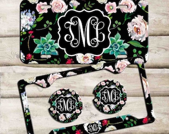 Personalized Car Tag, Custom Monogram License Plate Frame, Personalized Car Coaster,  Floral Car Decoration, Cute Car Accessories