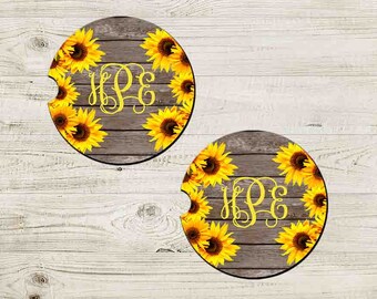 Sunflower Wood Car Coaster, Car Accessories for her, Personalized coaster, Coaster, Cup Holder Coaster, Vine Monogram Car Coaster