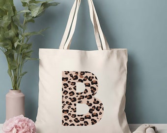 Personalized Brown Leopard Initial Tote Bag, Custom Canvas Tote, Birthday gift for her, Gift for mom, Bridesmaid Gift