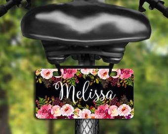 Placa de bicicleta floral negra, Mini matrícula, placa de bicicleta personalizada, mini placa de bicicleta, placa de novedad, etiqueta de bicicleta