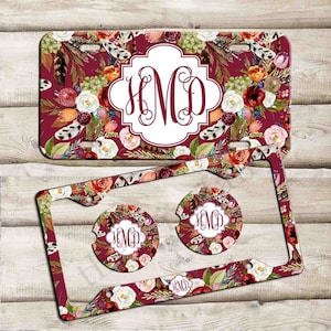 License Plate Cover,Boho Floral License Plate Frame, Personalized Car Coaster, Car Decoration, Cute Car Accessories, Custom Car Tag