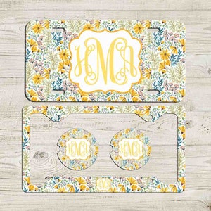 White Yellow Boho Daisy License Plate Frame, Monogrammed License Plate, Car Coaster,Front Car Tag ,Personalized Rear License Frame For Woman