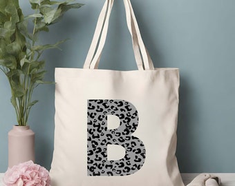 Personalized Grey Black Leopard Initial Tote Bag, Custom Canvas Tote, Birthday gift for her, Gift for mom, Bridesmaid Gift