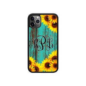 Teal Wood Sunflower Monogram Phone Case iPhone 14 Case iPhone 13 Case iPhone 12 Case iPhone 13 Pro Case iPhone XR Pro Max iPhone 14 Plus