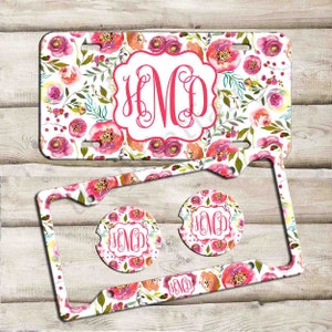 Custom License Plate, Monogrammed License Plate Frame, Car Coaster,  Floral Car Decoration, Cute Car Accessories, Pink Floral License Plate