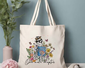 Boho Skeleton Floral Book Tote Bag, Custom Canvas Tote, Birthday gift for her, Gift for mom, Bridesmaid Gift