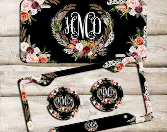 Black Floral License Plate, Custom Monogram License Plate Frame, Personalized Car Coaster,  Floral Car Decoration, Cute Car Accessories