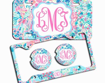 Pink Blue Floral License Plate, Custom Monogram License Plate Frame, Personalized Car Coaster,  Floral Car Decoration, Cute Car Accessories