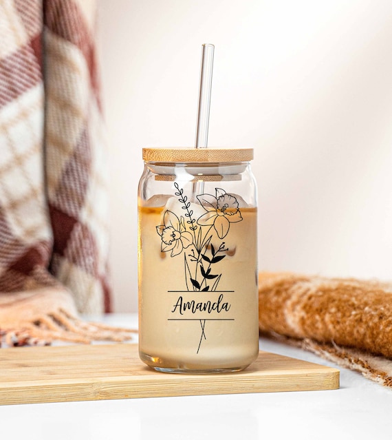 Personalized Glass with Bamboo Lid and Straw, Coffee Glass Cup, Glass  Coffee Tumbler Can Glass Custom Name Gift Women, Birth Flower Month