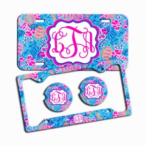 Pink Blue Floral Turtle Personalized License Plate Car Tag License Frame Car Coasters