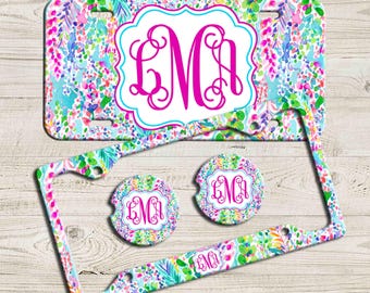 Pink Blue Floral License Plate, Custom Monogram License Plate Frame, Personalized Car Coaster,  Floral Car Decoration, Cute Car Accessories