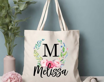 Personalized Floral Wreath Name and Initial Tote Bag, Custom Canvas Tote, Birthday gift for her, Gift for mom, Bridesmaid Gift