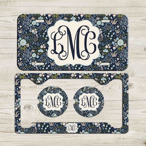 Blue Floral License Plate, Monogram License Plate Frame, Personalized Car Coaster,  Floral Car Decoration, Cute Car Accessories