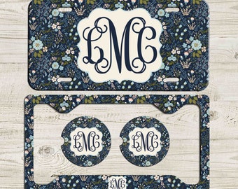 Blue Floral License Plate, Monogram License Plate Frame, Personalized Car Coaster,  Floral Car Decoration, Cute Car Accessories