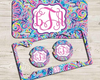 Pink Blue Paisley License Plate, Custom Monogram License Plate Frame, Personalized Car Coaster,  Floral Car Decoration, Cute Car Accessories