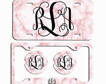 Placa de mármol rosa blanco, placa de matrícula personalizada, montaña rusa personalizada, accesorios de coche lindos, placa frontal personalizada