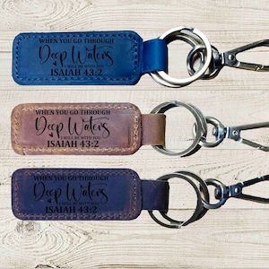 When You Go Through Deep Waters I Will Be With You Leather Keychain Inspirational Motivational Christian