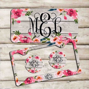 Placa de matrícula con monograma, Marco de matrícula de monograma floral de madera, Montaña rusa de automóvil personalizada, Decoración floral del automóvil, Lindos accesorios para automóviles