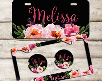 Black Floral License Plate, Custom Monogram License Plate Frame, Personalized Car Coaster,  Floral Car Decoration, Cute Car Accessories