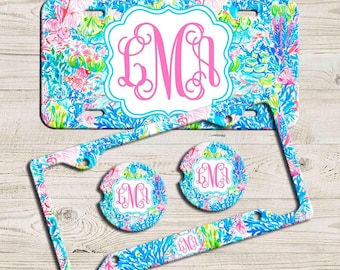 Pink Blue Floral License Plate, Custom Monogram License Plate Frame, Personalized Car Coaster,  Floral Car Decoration, Cute Car Accessories