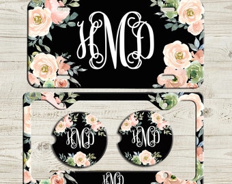 Black Floral License Plate, Custom Monogram License Plate Frame, Personalized Car Coaster,  Floral Car Decoration, Cute Car Accessories