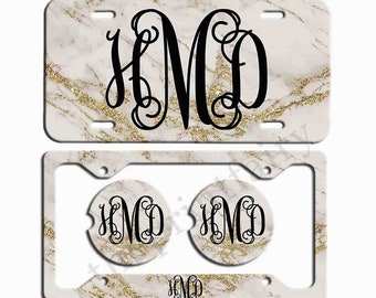 White Gold Marble License Plate-Monogram Car Tag, Front License Plate Personalized Plate, Car Coaster, Black Monogram