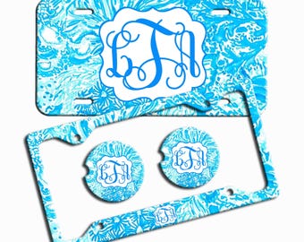 Preppy Pastel Blue Monogram License Plate Car Tag License Frame Car Coasters Personalized Cute Car Accessories