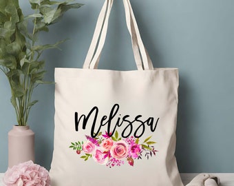 Personalized Floral Name Tote Bag, Custom Canvas Tote, Birthday gift for her, Gift for mom, Bridesmaid Gift