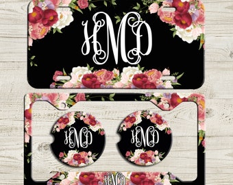 Black Floral License Plate, Custom Monogram License Plate Frame, Personalized Car Coaster,  Floral Car Decoration, Cute Car Accessories