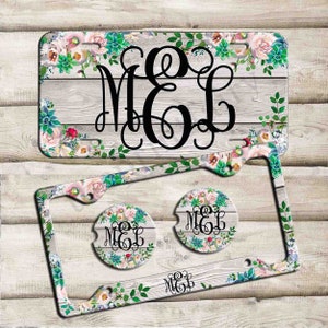Monogrammed License Plate, Wood Floral Monogram License Plate Frame, Personalized Car Coaster,  Floral Car Decoration, Cute Car Accessories