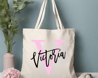 Personalized Name and Initial Tote Bag, Custom Canvas Tote, Birthday gift for her, Gift for mom, Bridesmaid Gift