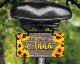 Wood Sunflower Bike Plate, Mini License Plate, Personalized Bike Plate, Mini Bicycle Plate, Novelty Plate, Bike Tag