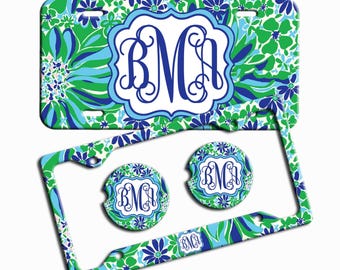 Green Blue Floral License Plate, Custom Monogram License Plate Frame, Personalized Car Coaster, Floral Car Decoration, Cute Car Accessories