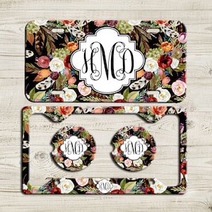 Black Boho Floral License Plate-Monogram Car Tag, Front License Plate Personalized Plate, Car Coaster, Black Monogram