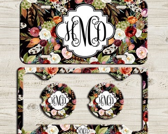 Black Boho Floral License Plate-Monogram Car Tag, Front License Plate Personalized Plate, Car Coaster, Black Monogram