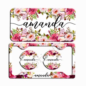 Floral License Plate Car Tag Monogram Frame Personalized Set Custom Initials Car Coasters Personalized Front License Plate