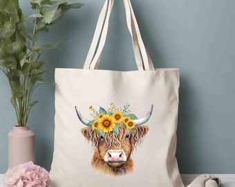 Cute Sunflower Highland Cow Tote Bag, Custom Canvas Tote, Birthday gift for her, Gift for mom, Bridesmaid Gift